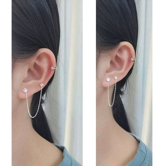 Crystal Chain Stud Sterling Silver Cartilage Double Piercing Climber Earring NEW - Picture 16 of 16